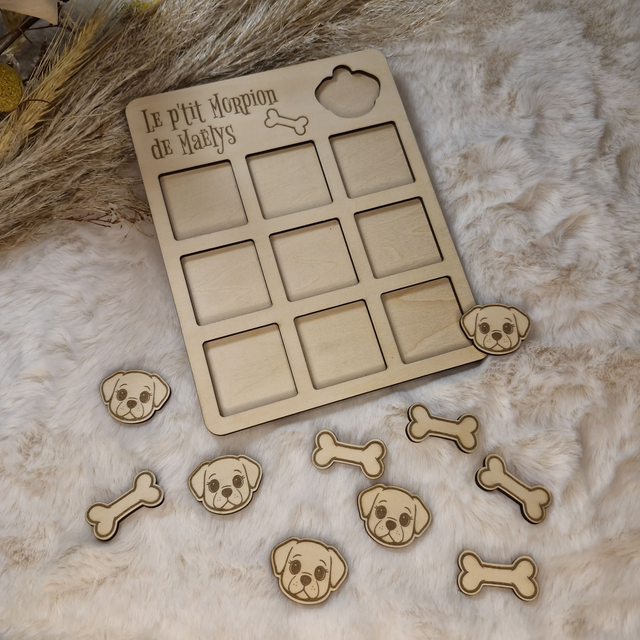 Jeu de morpion Tic Tac Toe pour enfant en bois gravé - décor Chien