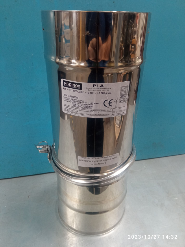 PLA - Élément droit avec collier INOX RÉGLABLE D100 300 A 500 mm - 2PLAELRE100500 