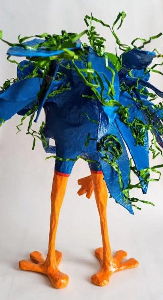 OISEAU BLEU AVEC LUNETTE, papier mâché, fait main, décoration d'intérieur ou cadeau unique, 52 cm de haut