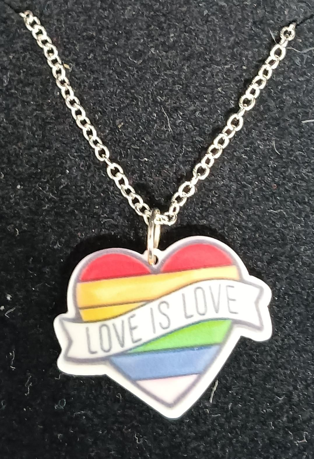Plastic Love Is Love Rainbow Heart Pendant Necklace.