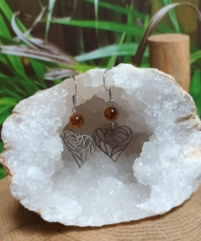 Boucles d&#039;oreilles cœur en ambre