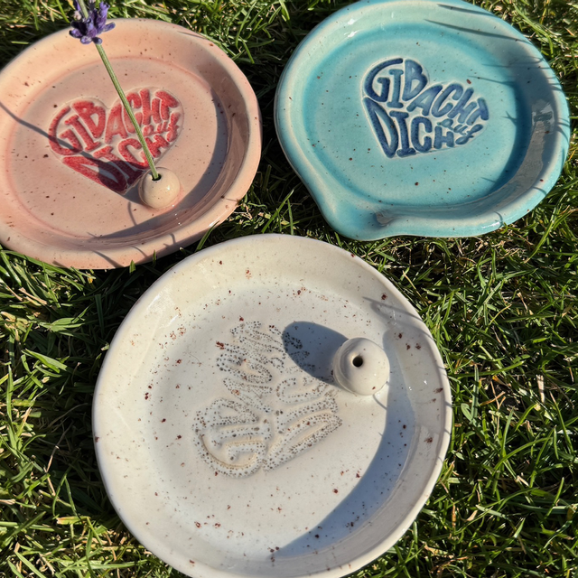 Handmade Keramik | "Gib Acht auf Dich" Schmuckschale / Löffelablage / Räucherstäbchen-/ Blütenstängel-Halter