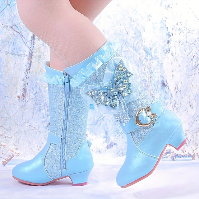 Girls Trendy Cute Rhinestone Butterfly Plus Fleece Boots With Zipper