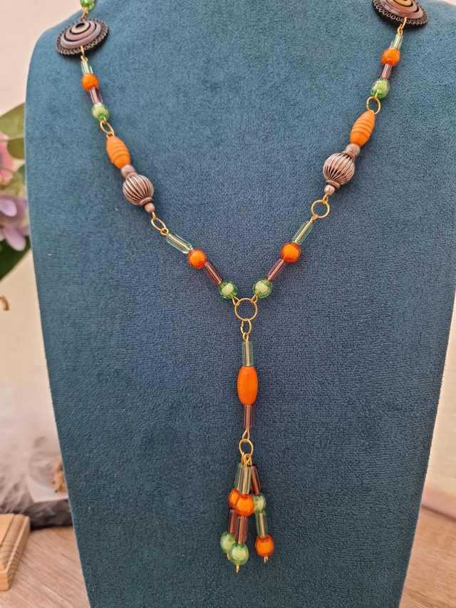 Collier Sautoir Doré Perles Orange Vert Marron