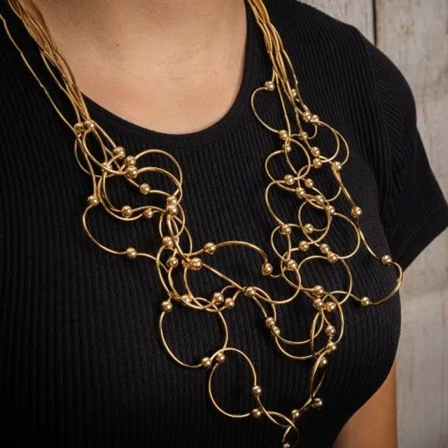  Statement Wire Necklace with Beads - Gold