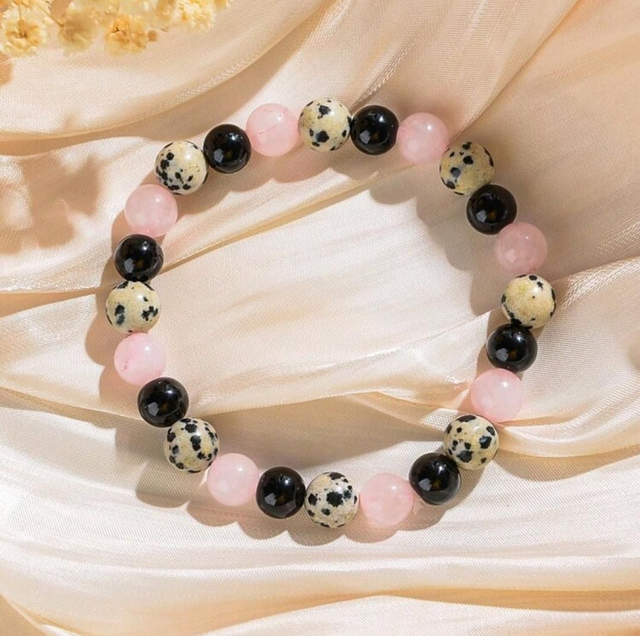 Bracelet "Paix et équilibre" en Quartz rose, Jaspe dalmatien et Onyx - 8mm