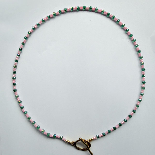 ESMERALDA - Pink & Emerald Green Beaded Toggle Necklace