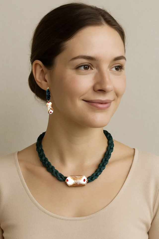 Parure Siciliana: Collana, bracciale, orecchini con Cannolo Gusto Ricotta e Ciliegia Candita – Artigianale in Argilla Polimerica, Regolabile