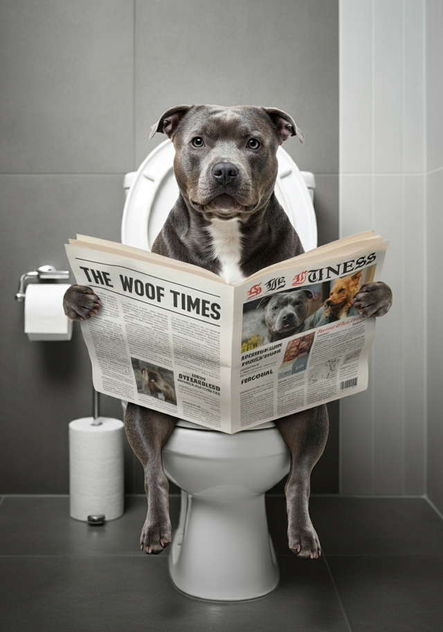 Staffordshire Bull Terrier on the toilet Framed Canvas