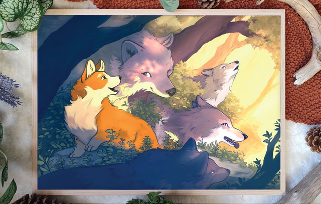 Tirage Premium A3 Corgi parmis les Loups