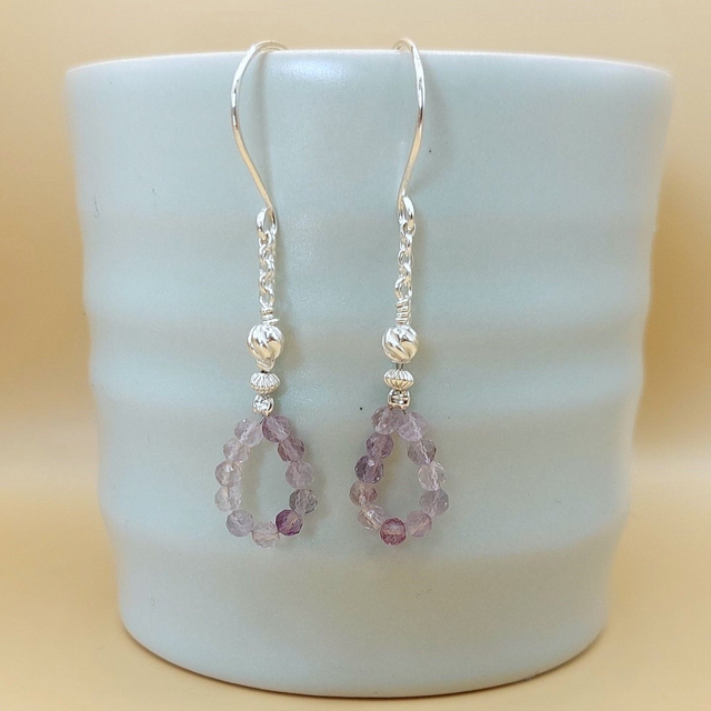 Teardrop sterling silver beaded drop earrings with fluorite gemstone beads