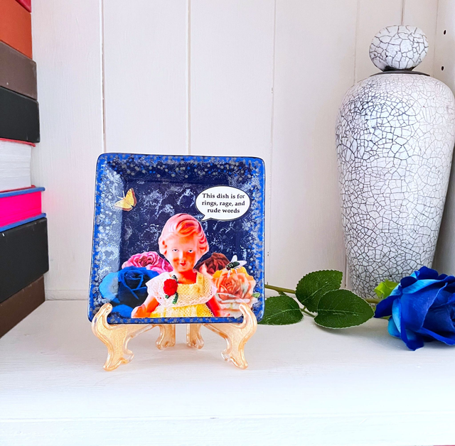 "This Dish is for Rings, Rage, and Rude Words" Dark Blue Upcycled Trinket Dish - House of Frisson