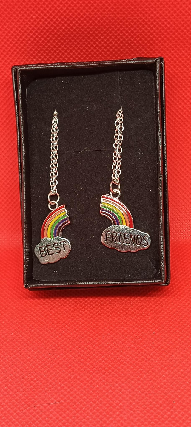 Enamel Rainbow &amp; Clouds "Best Friends" Pendant Necklaces.