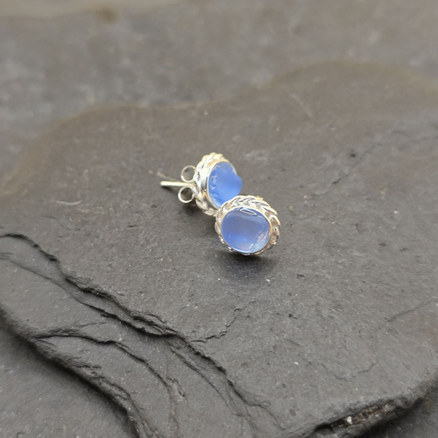 925 Studs Rope Edge Sterling Silver and Seaglass