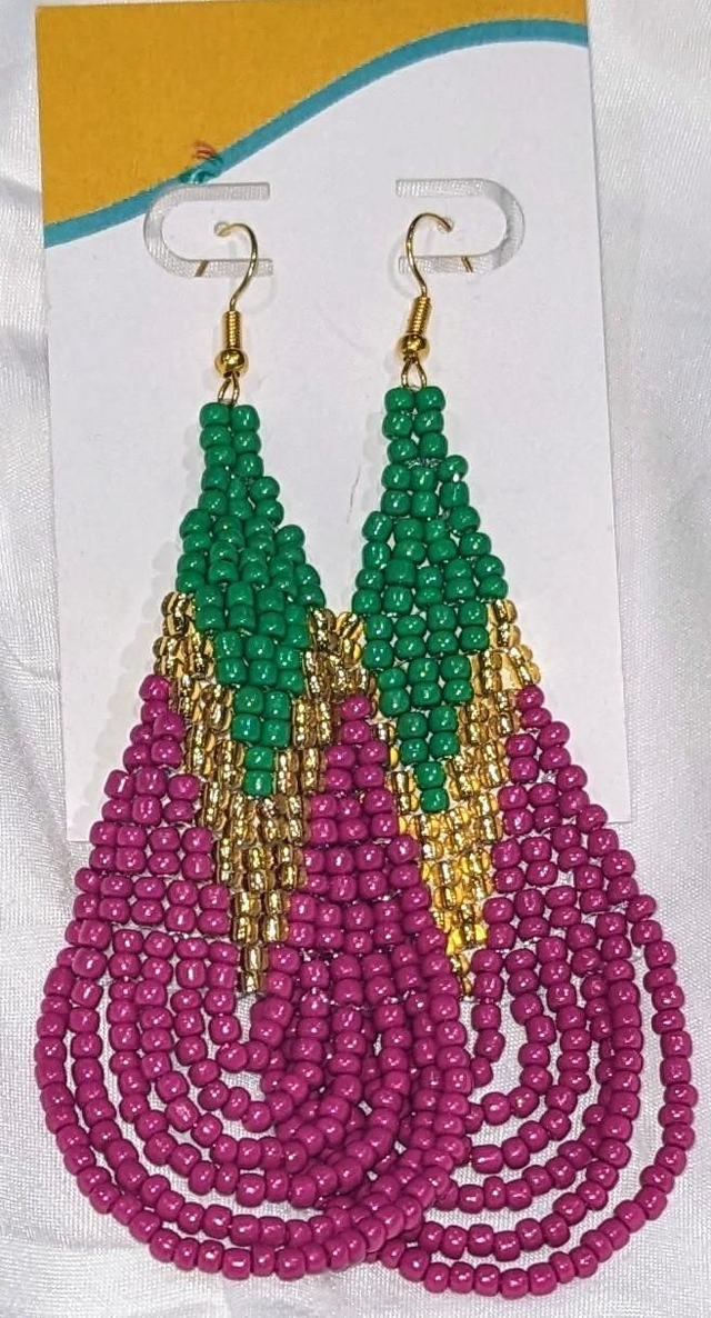 Beaded earrings (green, gold, pink)