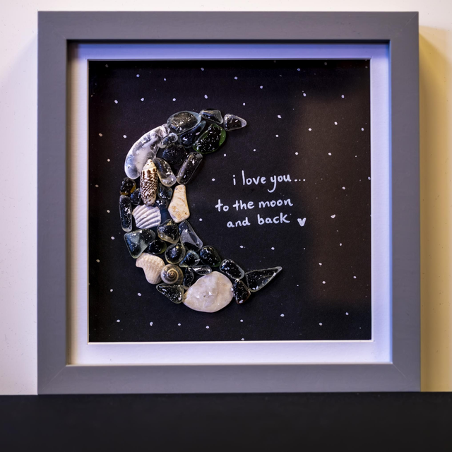 'Love you to the Moon and back' Sea Glass Art 18x18cm Framed