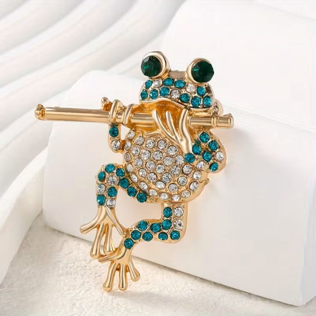 Frog Playing Flute Rhinestone Brooch