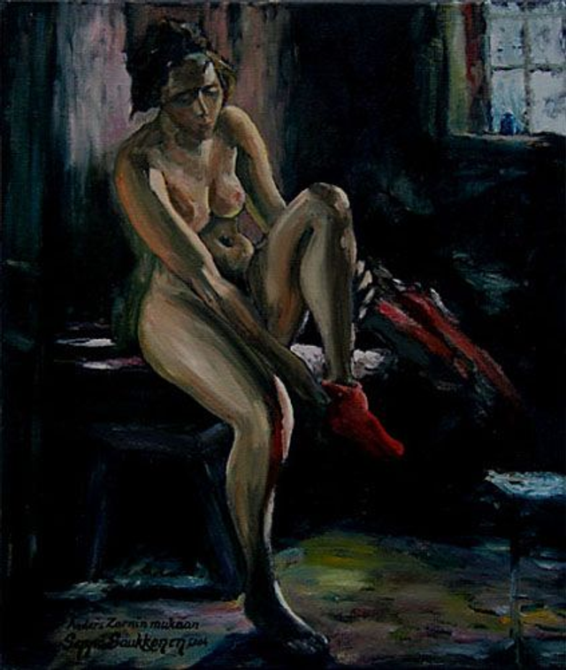 26. Maria ja Suomalainen saunasampoo ikkunalla (Anders Zornia mukaellen) (50x60 cm)