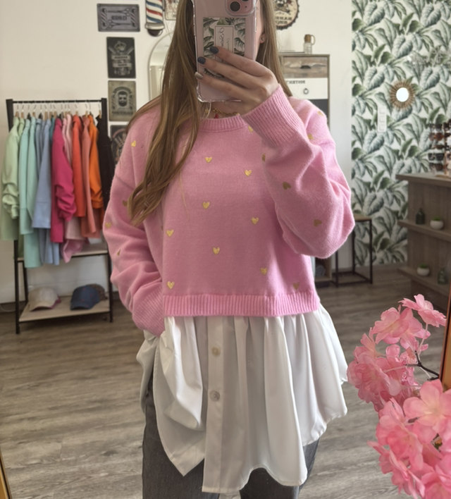 Pull rose, petit cœur avec chemise