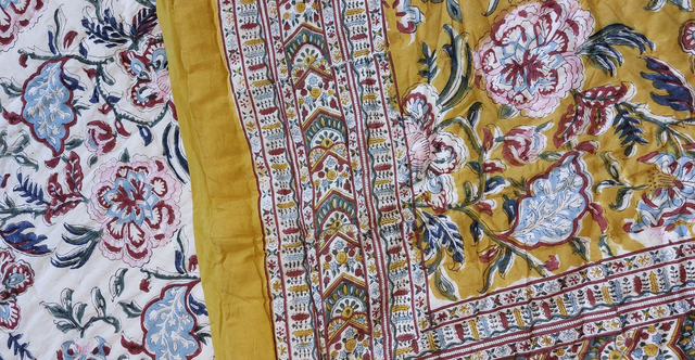 Édredon fait main en coton imprimé bloc - Plaid ou couvre-lit florale réversible pour lit simple - Jaune, rose, rouge, vert, blanc