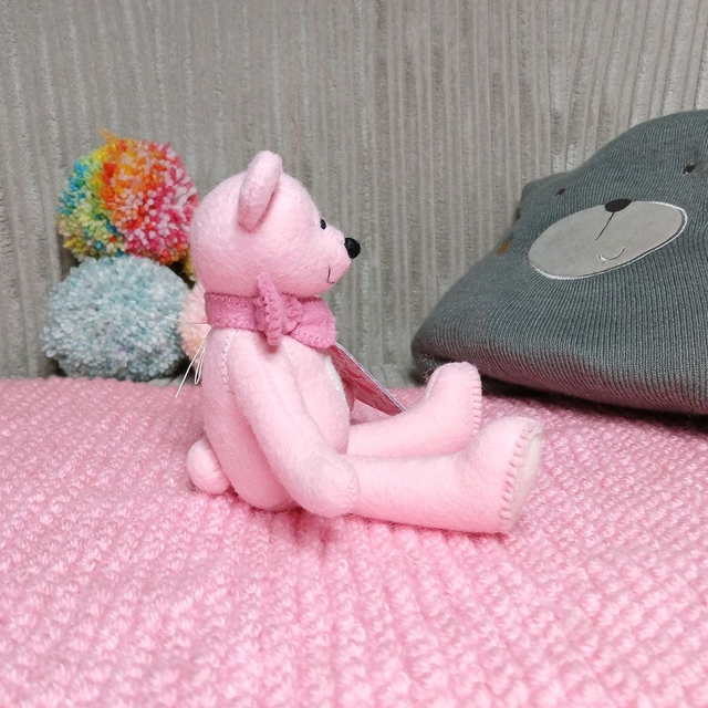 Alice. Small size, handmade teddy bear. UKCA. Tray base packaging. Standard Wool Felt. Baby pink. Cherry Blossom pink. Blush. White.