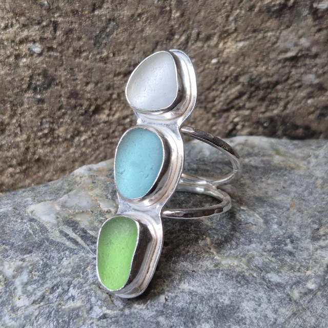 Size S Trio of Sea Glass and Sterling Silver Ring