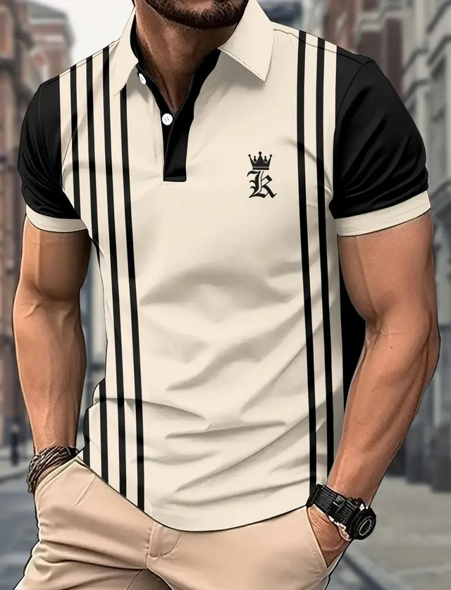 Men's Casual Striped 3D Print Polo Shirt