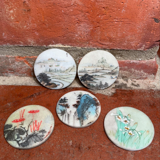 Set Of Five 19th Century Miniature Hand Painted Chinese Pictorial Plaques 