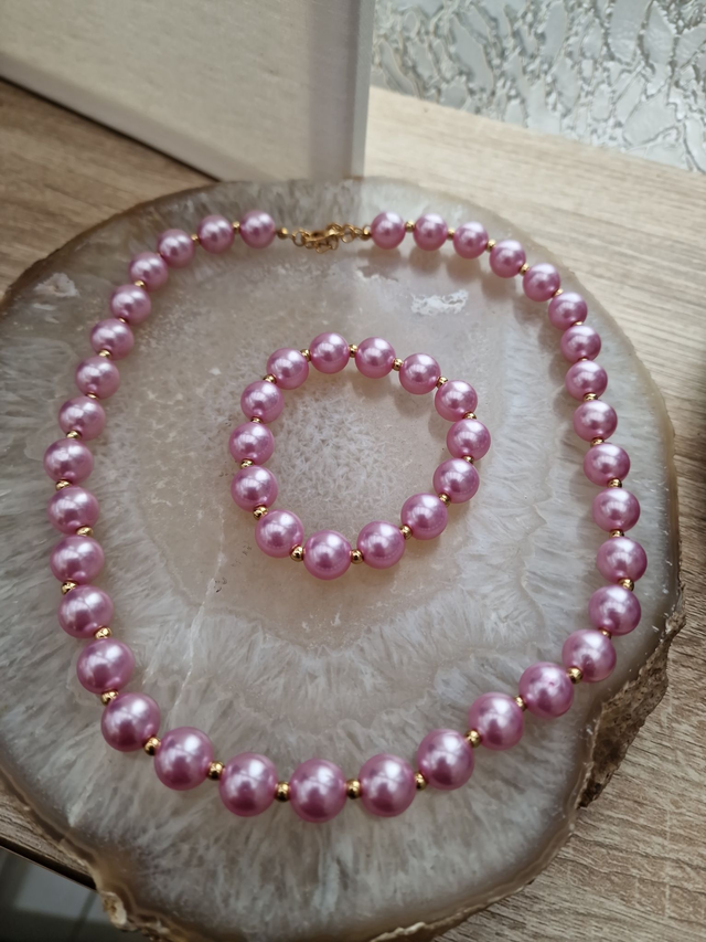 Parure Collier Bracelet De Perles Rose Lila Doré
