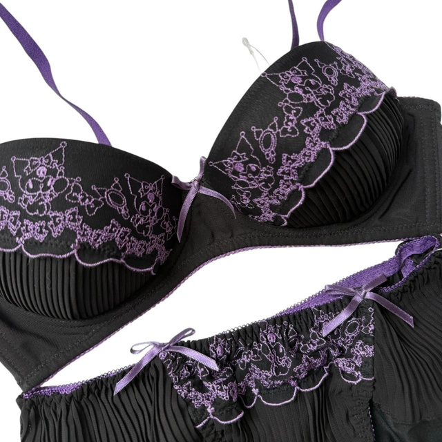 Kuromi Black and purple pinstripe Bra + Underwear set