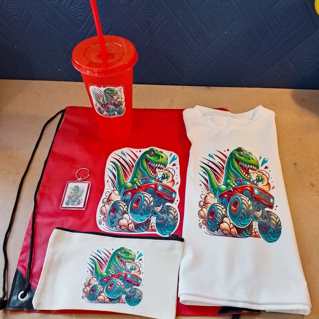 Boys Dino Monster Truck 5 Piece Set - T-shirt Bag Keyring Cup Pencil Case