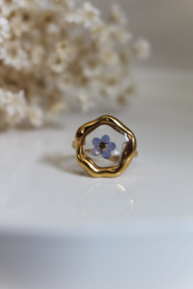 Bague myosotis, bague réglable fleur pressée faite main