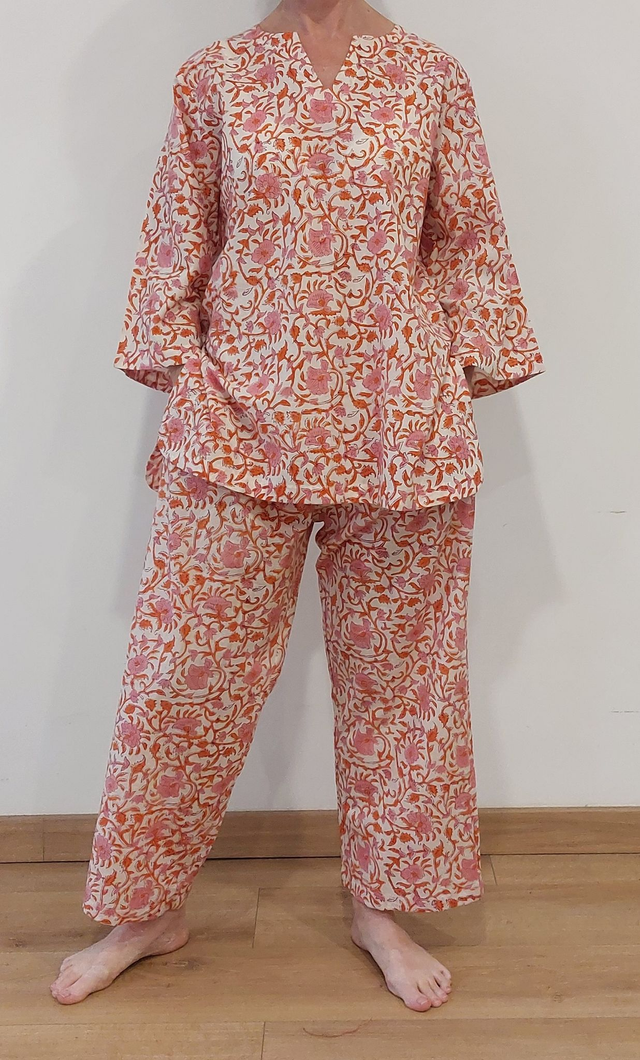 Pyjama  femme en coton léger – imprimé floral orange et rose -  fait main – ensemble été confortable – cadeau artisanal