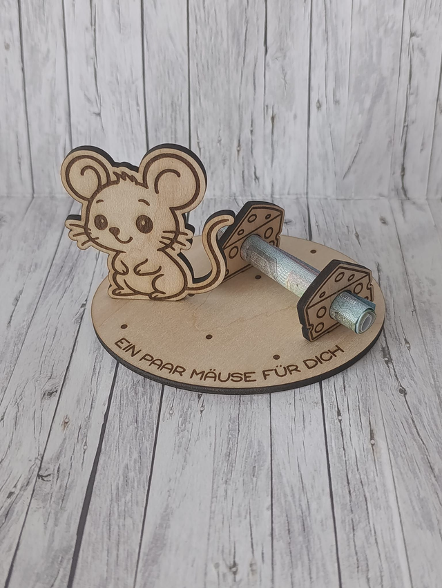 🐭 Geldgeschenk aus Holz – Mäuschen mit Käse (auch personalisiert) 🧀