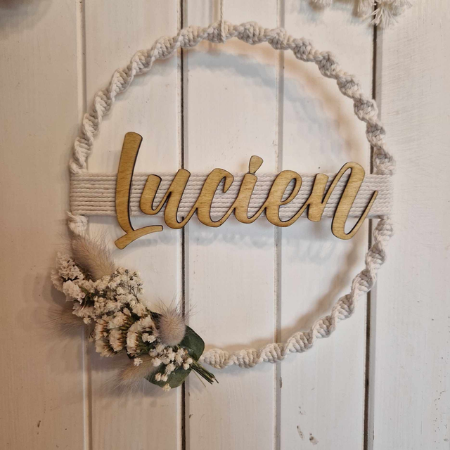 Cercle macramé prénom fleurs séchées 20 cm