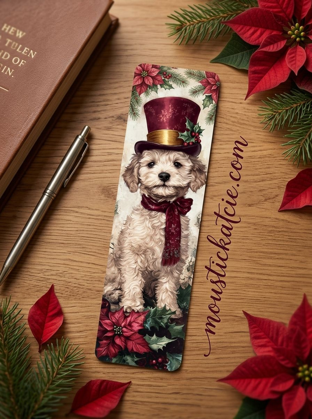 Marque-page Chiot de Noël en Papier Cartonné – Accessoire de Lecture Festif & Cosy