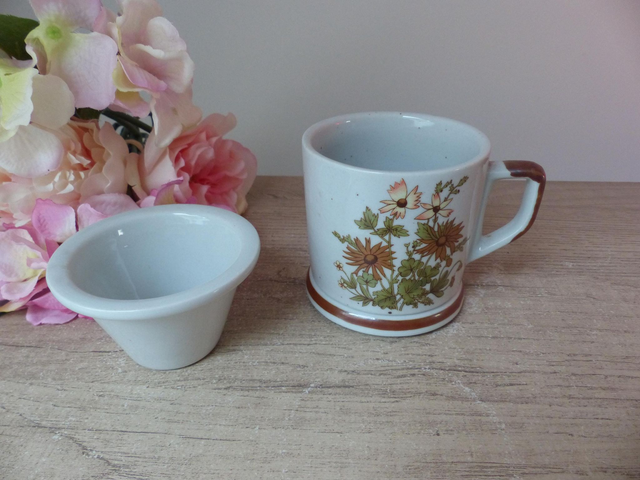 Tisanière en grès émaillé moucheté fleuri, tasse avec filtre décor botanique jaune, vert et orange Vintage, cadeau fête femme anniversaire