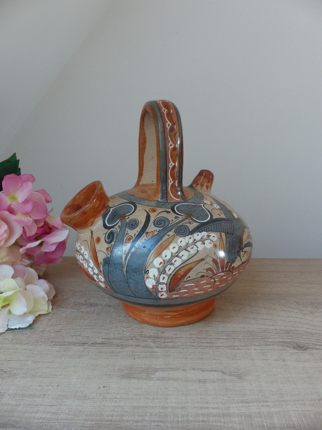 Rare Chevrette Tonala en Poterie – Pichet Décoratif Fabriqué et Peint à la Main au Mexique – Art Populaire Vintage – Vase ou Cruche à Eau