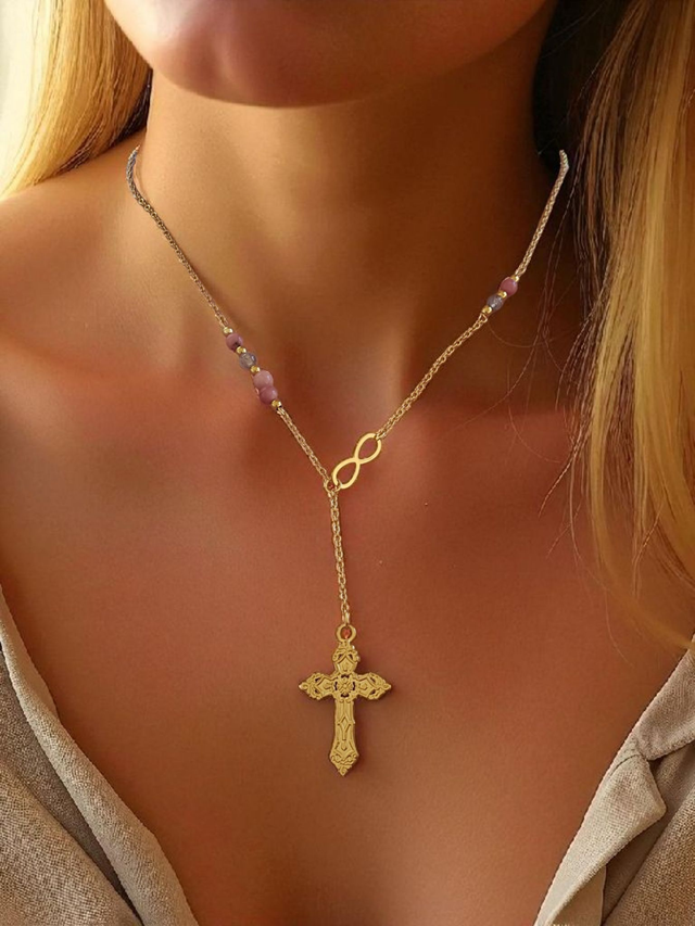 Collier HOPE "Quartz Rose" &amp; Croix Chrétienne – Bijou lithothérapie
