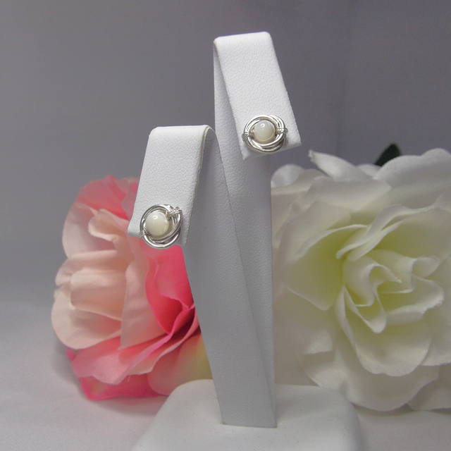 Mother of Pearl gemstone Russian wedding ring style stud earrings with recycled silver 