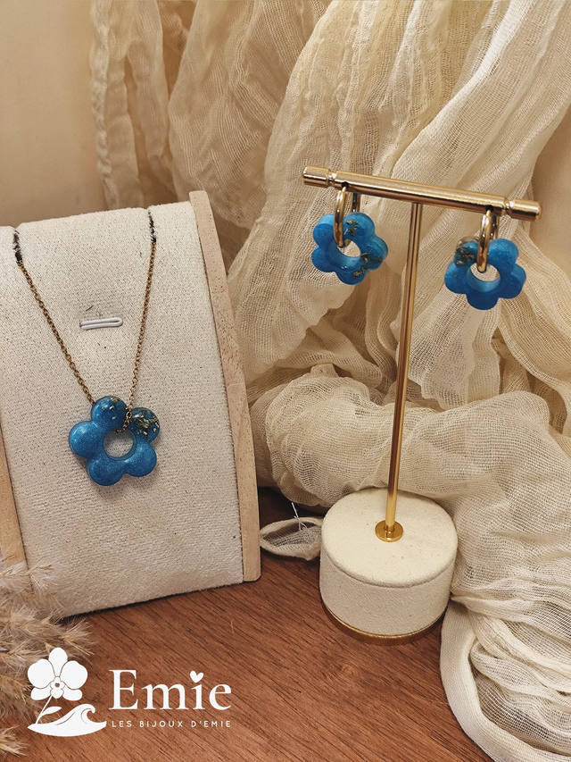 Parure duo - Azélie✨ Bleu azur feuilles d'or - Résine Epoxy