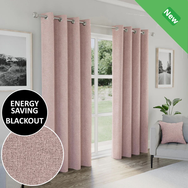 Enhanced Living Austin Blush 100% Blackout Textured Linen Look Readymade Eyelet Curtains