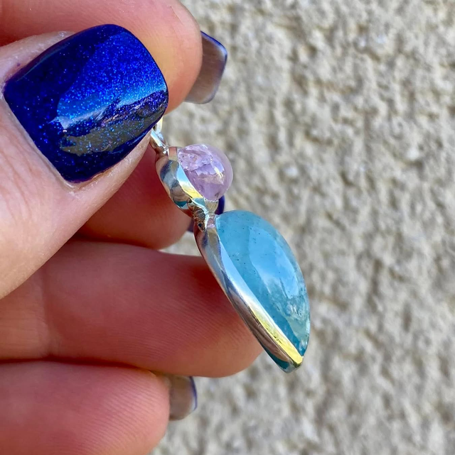 Pendentif en argent et deux béryls : Aigue Marine et Kunzite