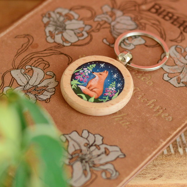 &quot;A Fox Night&quot; Hand-Painted Wooden Keychain