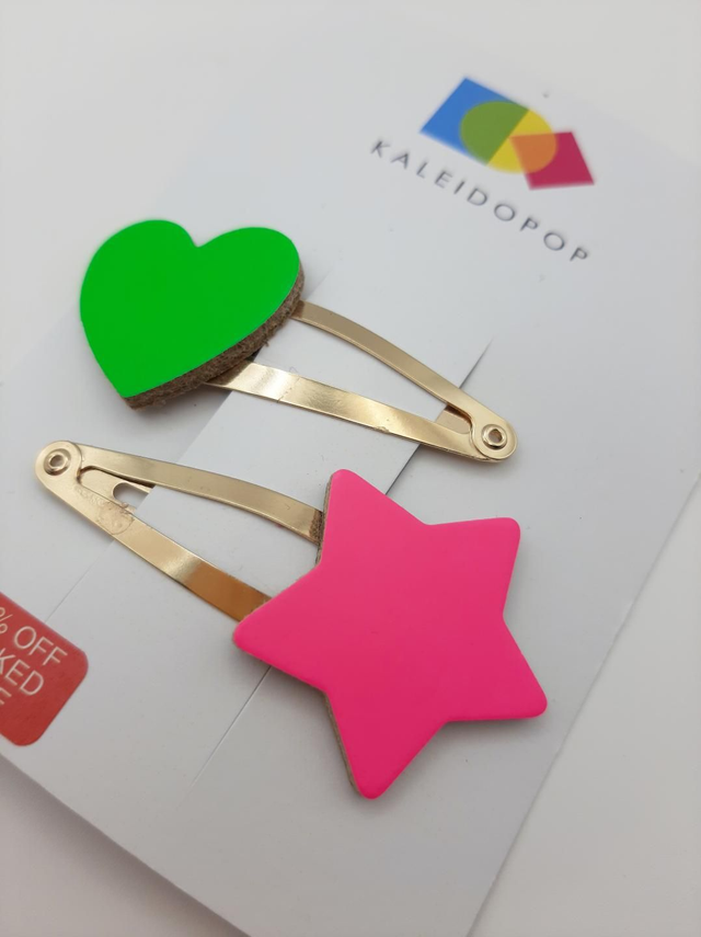 SALE! Neon leather hairclips  - pink / green