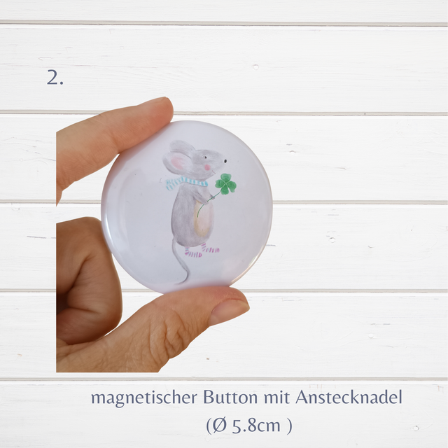 "Glücksmäuschen -Finchen" Magnetischer Button mit Anstecknadel