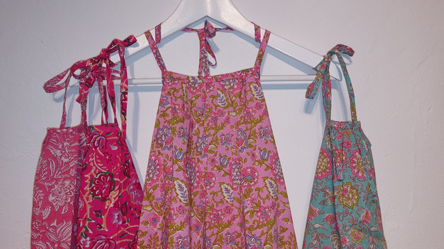 Robe d&#039;été - Fille 2-9 ans - 3 couleurs - Coton indien léger imprimé à la main - Motif floral rose