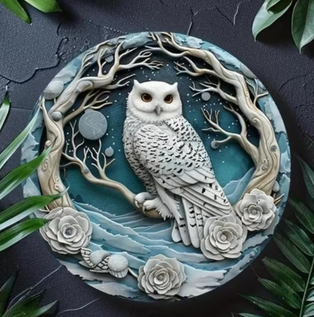 Vintage rond metalen bord Witte Uil (20cm)