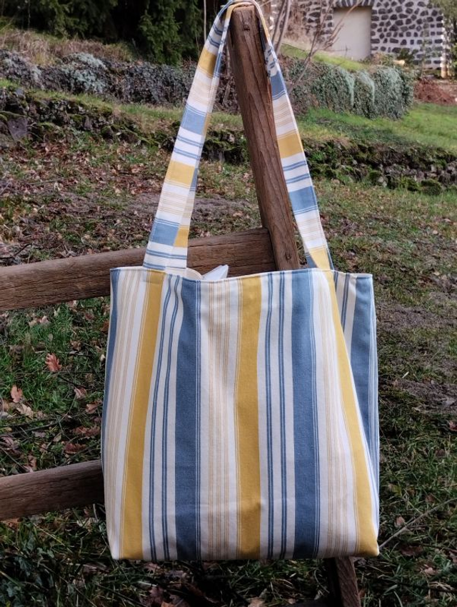 Sac cabas robuste toile bayadère jaune et bleu esprit marin doublure