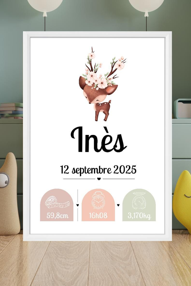 Toile de naissance personnalisée encadrée – Cadeau de naissance unique – Décoration chambre bébé – Souvenir doux et poétique